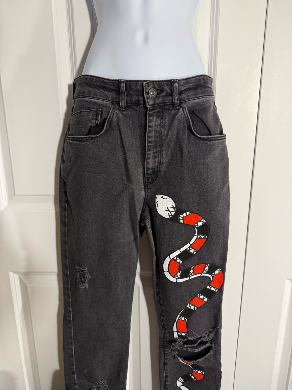 The Ragged Priest Black Straight Leg Jeans with Red & White Snake Patch - Picture 4 of 9